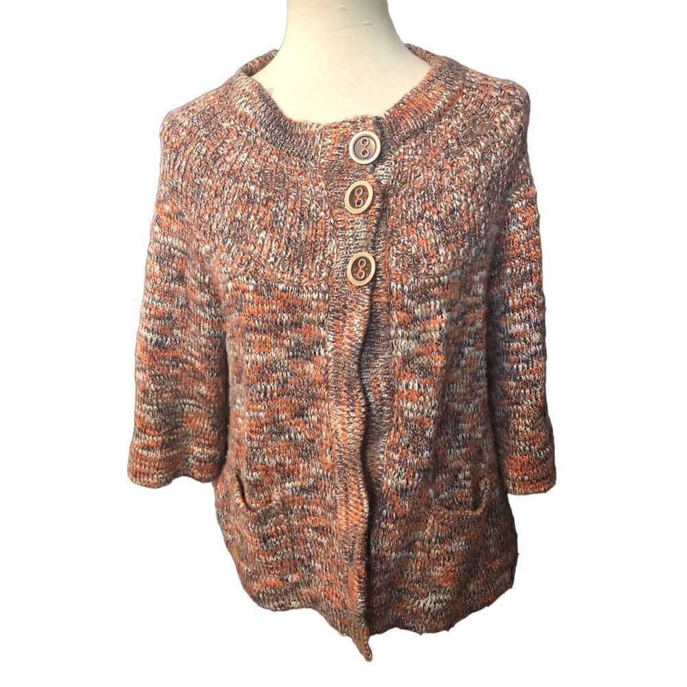 Venue knitted orange gray and white shrug with accent button and front pockets S